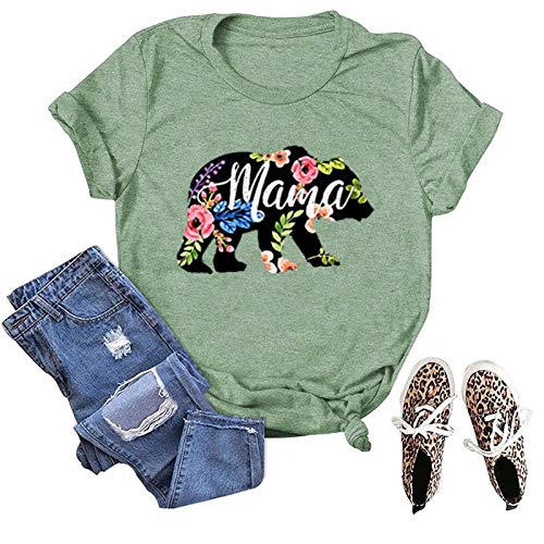 Women Floral Mama Bear T-Shirt Mama Graphic Shirt