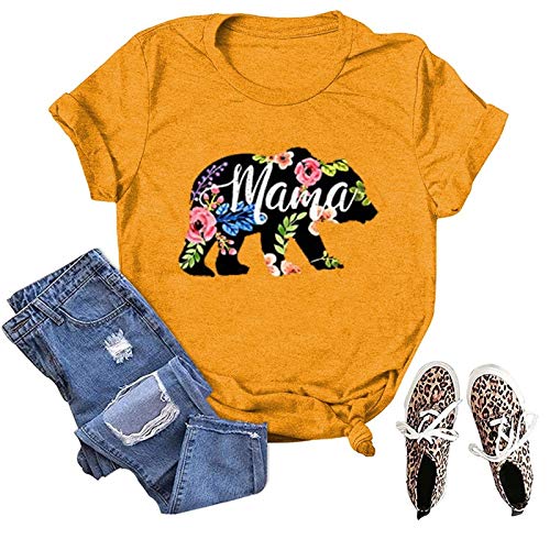 Women Floral Mama Bear T-Shirt Mama Graphic Shirt