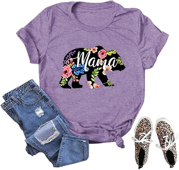 Women Floral Mama Bear T-Shirt Mama Graphic Shirt