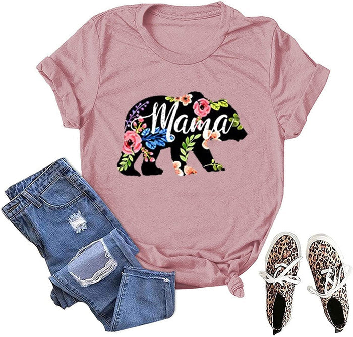 Women Floral Mama Bear T-Shirt Mama Graphic Shirt