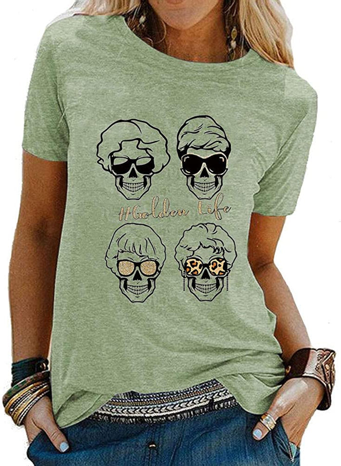 Women Golden Life Leopard Skull Sunglasses T-Shirt