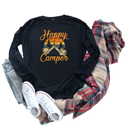Women Happy Camper Camping Hiking Travel Shirt Long Sleeve Blouse