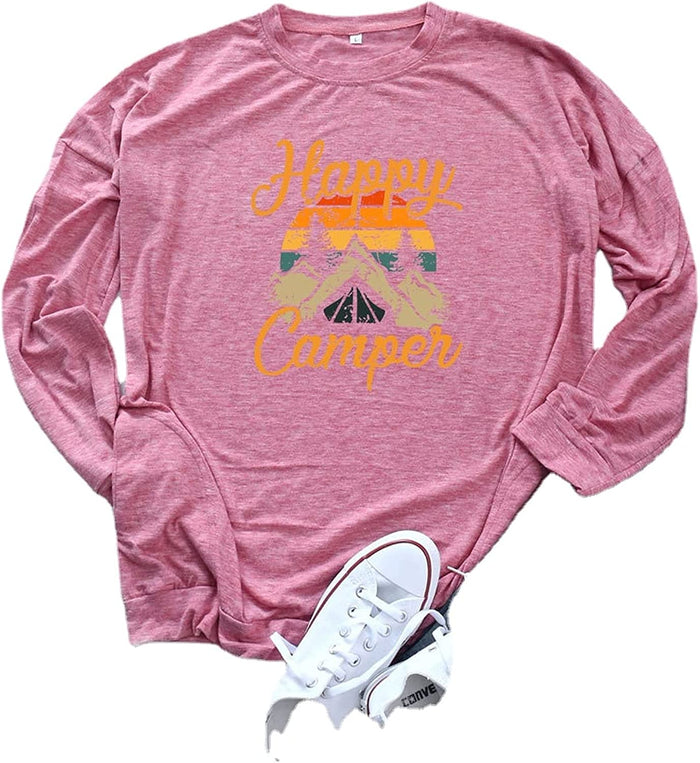 Women Happy Camper Camping Hiking Travel Shirt Long Sleeve Blouse
