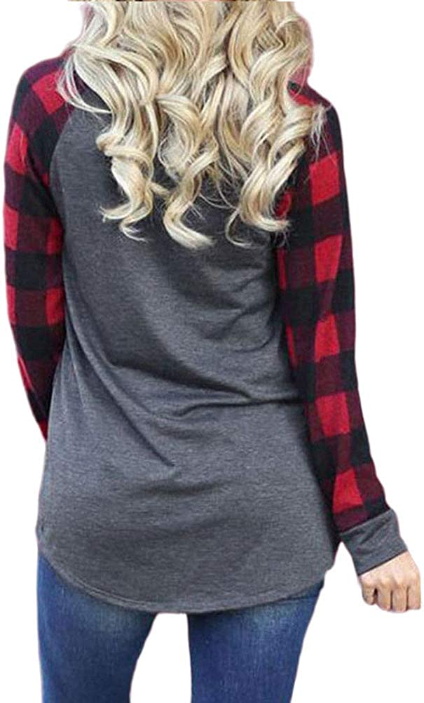 Women Happy Camper Long Plaid Sleeve Blouse Tunic Shirt