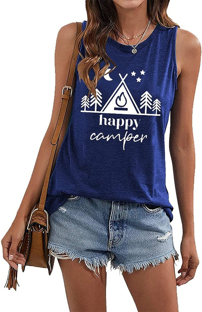 Women Happy Camper Tank Tops Camping Adventure Nature Lover Shirt