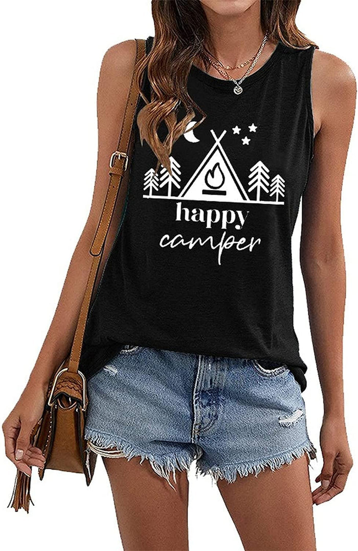 Women Happy Camper Tank Tops Camping Adventure Nature Lover Shirt