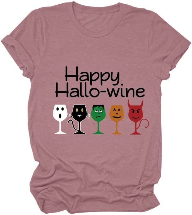 Women Happy Hallo Wine Drinking T-Shirt Halloween Wine Tee Tops