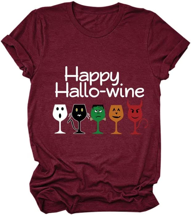 Women Happy Hallo Wine Drinking T-Shirt Halloween Wine Tee Tops