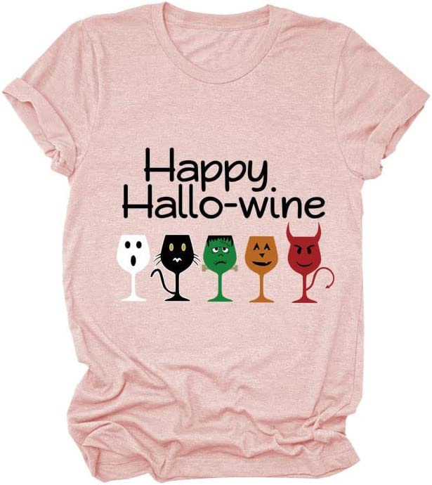 Women Happy Hallo Wine Drinking T-Shirt Halloween Wine Tee Tops
