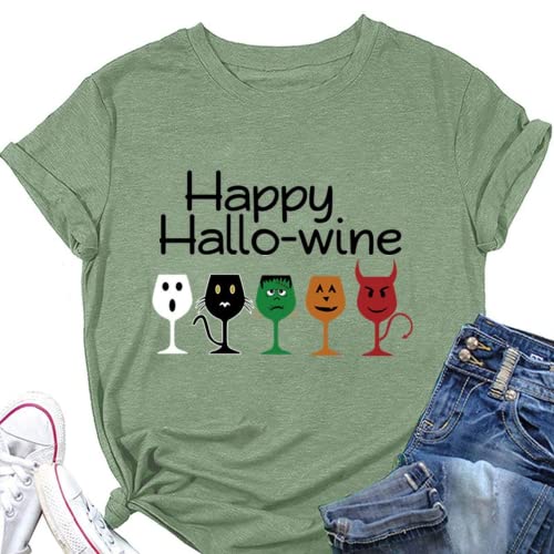 Women Happy Hallo Wine Drinking T-Shirt Halloween Wine Tee Tops