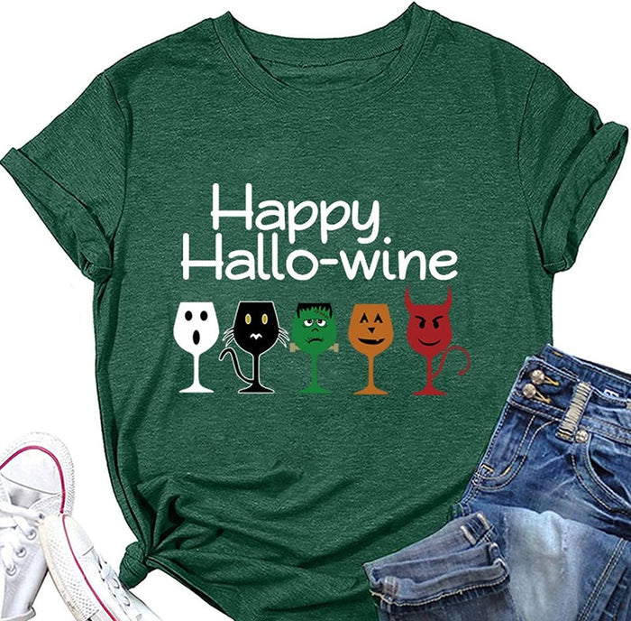 Women Happy Hallo Wine Drinking T-Shirt Halloween Wine Tee Tops