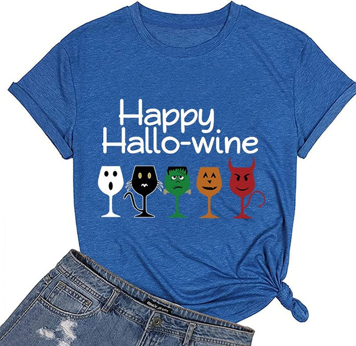 Women Happy Hallo Wine Drinking T-Shirt Halloween Wine Tee Tops