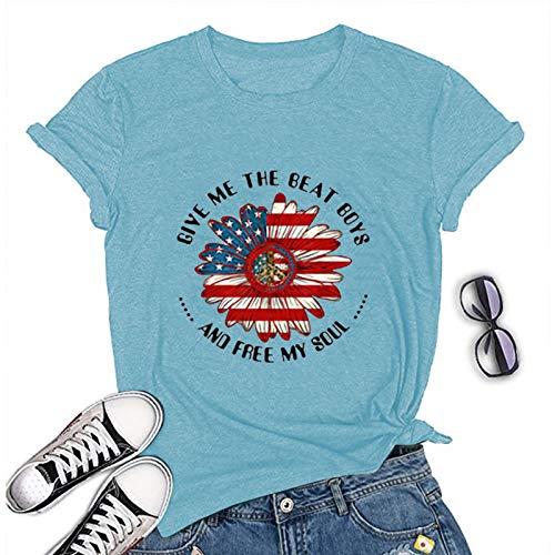 Women Hippie American Flag Sunflower T-Shirt Give Me The Beat Boys and Free My Soul Shirt