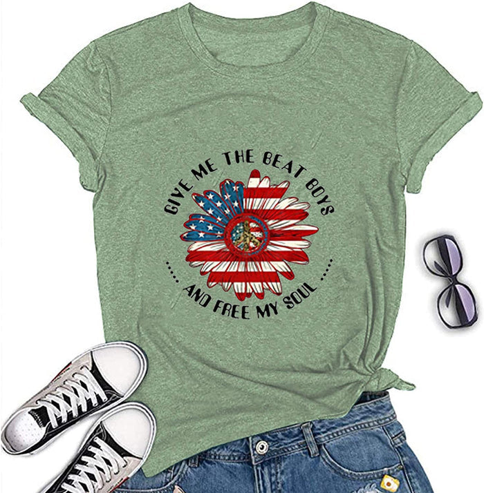 Women Hippie American Flag Sunflower T-Shirt Give Me The Beat Boys and Free My Soul Shirt