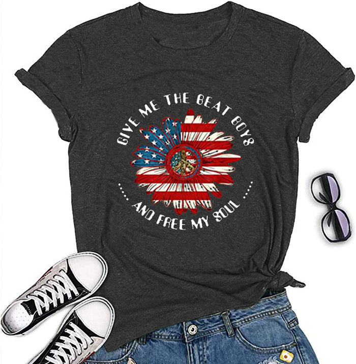 Women Hippie American Flag Sunflower T-Shirt Give Me The Beat Boys and Free My Soul Shirt