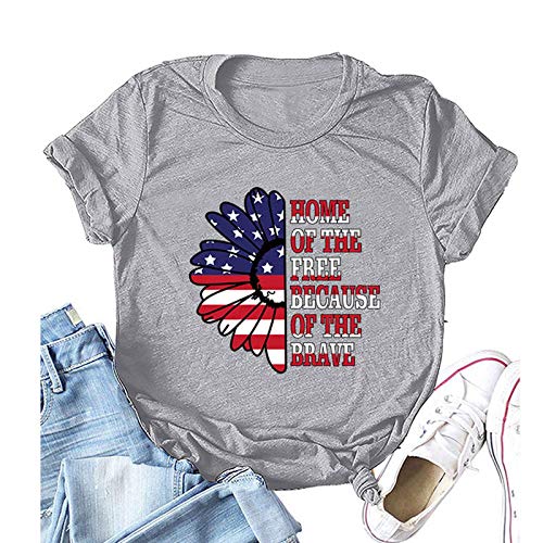 Women Home of The Free Because of The Brave T-Shirt American Flag Sunflower Shirt