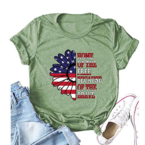 Women Home of The Free Because of The Brave T-Shirt American Flag Sunflower Shirt