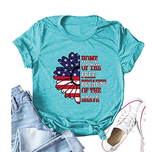 Women Home of The Free Because of The Brave T-Shirt American Flag Sunflower Shirt