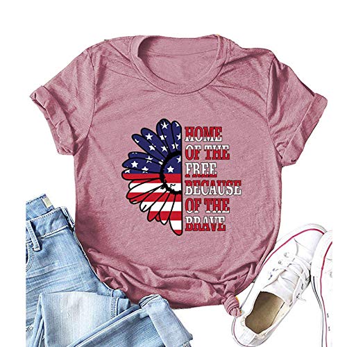 Women Home of The Free Because of The Brave T-Shirt American Flag Sunflower Shirt
