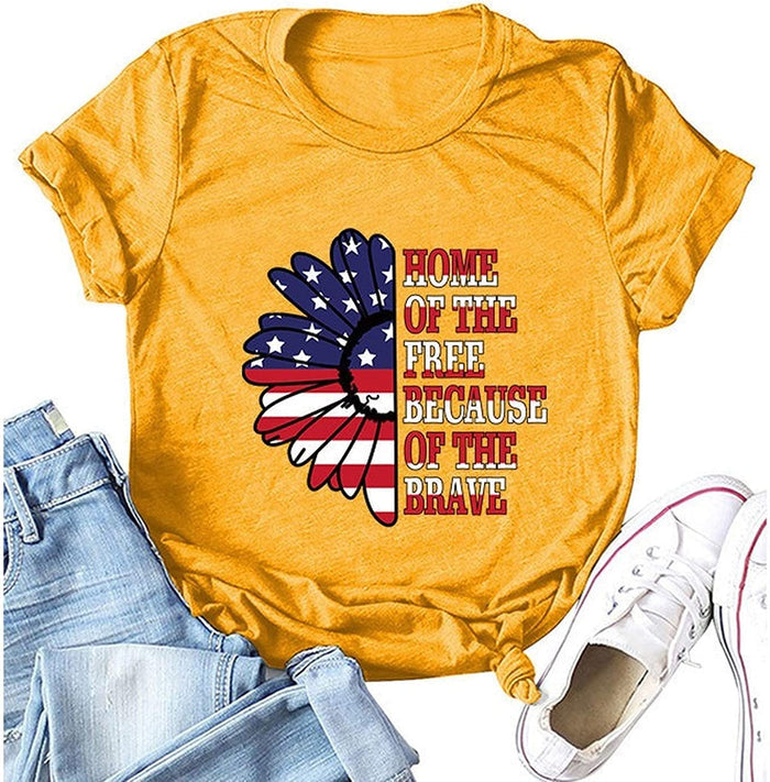 Women Home of The Free Because of The Brave T-Shirt American Flag Sunflower Shirt