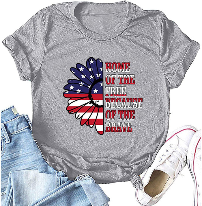 Women Home of The Free Because of The Brave T-Shirt American Flag Sunflower Shirt