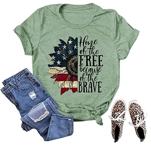 Women Home of The Free T-Shirt Sunflower American Flag Shirt