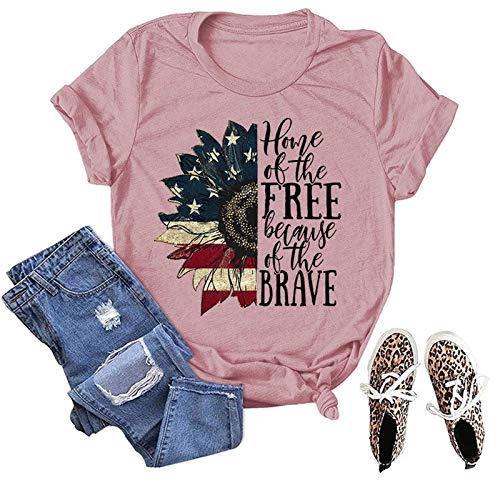 Women Home of The Free T-Shirt Sunflower American Flag Shirt