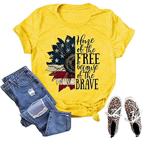 Women Home of The Free T-Shirt Sunflower American Flag Shirt