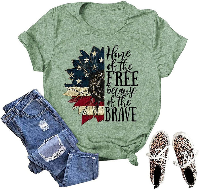 Women Home of The Free T-Shirt Sunflower American Flag Shirt