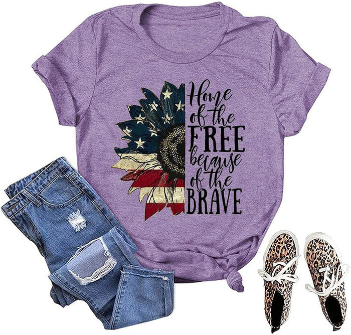 Women Home of The Free T-Shirt Sunflower American Flag Shirt