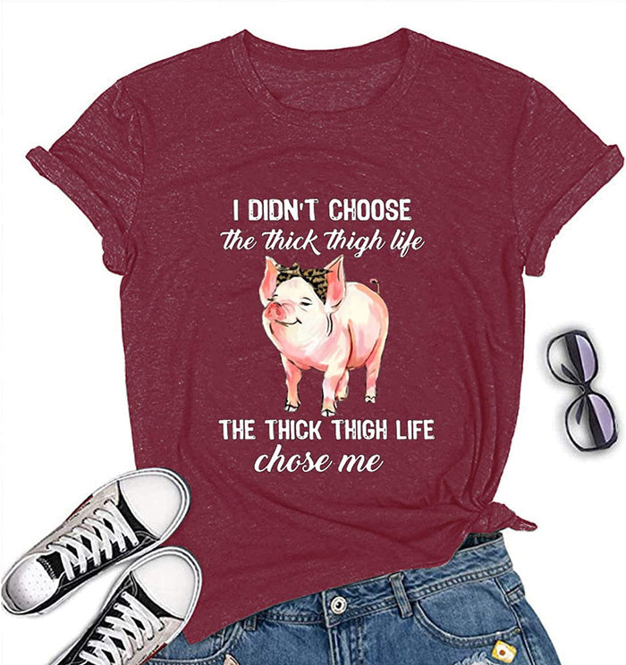Women I Didn't Choose The Thick Thigh Life Funny T-Shirt Pink Pigs with Bandana Cute Shirt