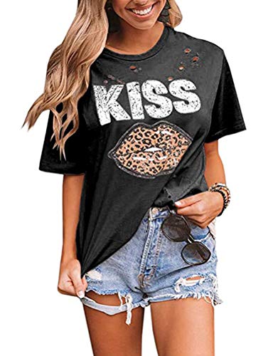 Women Kiss Leopard Lips T-Shirt Lipstick Hollow Out Shirt