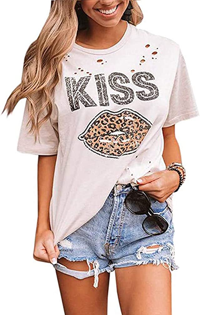 Women Kiss Leopard Lips T-Shirt Lipstick Hollow Out Shirt