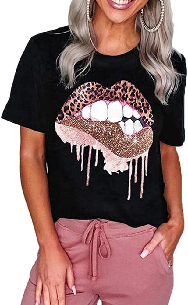 Women Leopard Lips T-Shirt Shiny Lipstick Shirt
