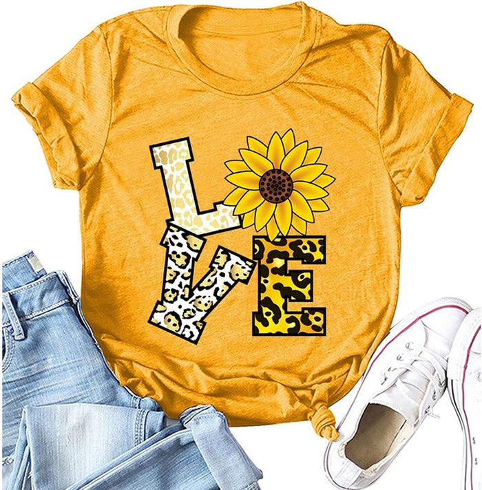 Women Leopard Love Sunflower T-Shirt Women Graphic Shirt