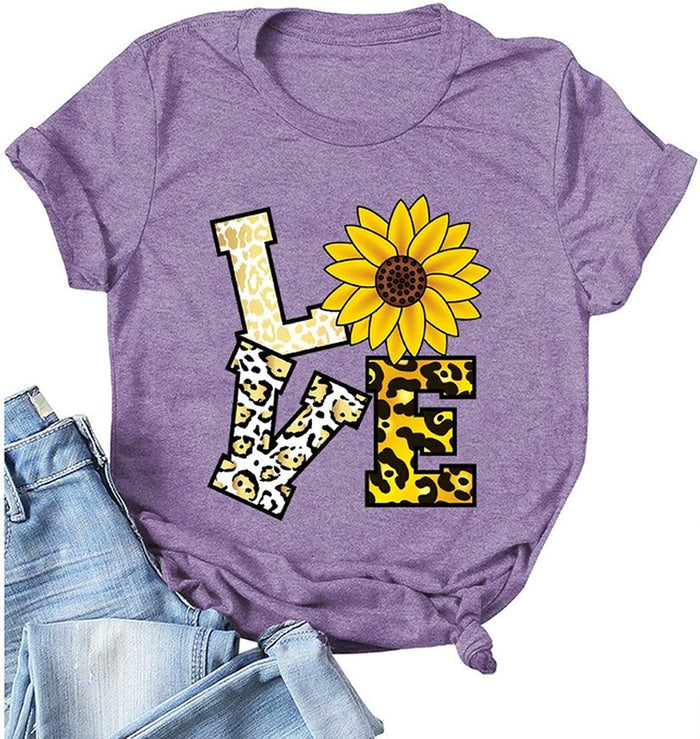 Women Leopard Love Sunflower T-Shirt Women Graphic Shirt