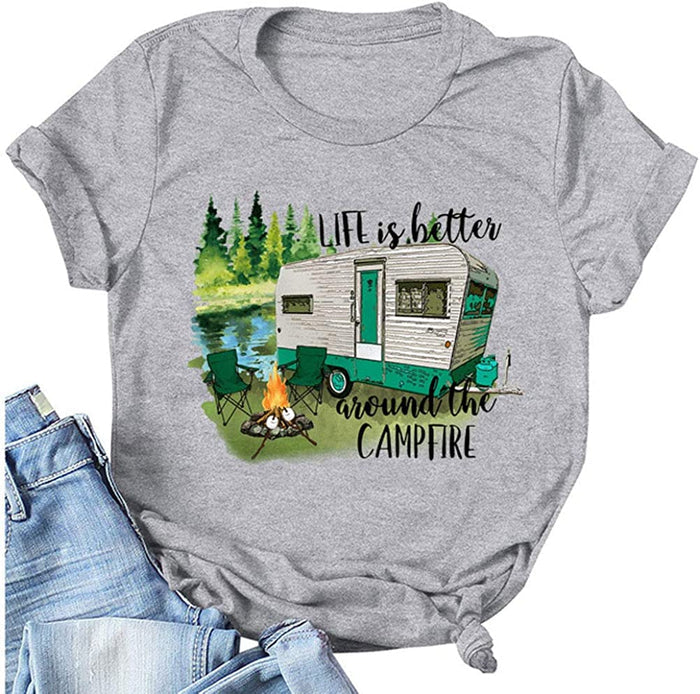 Women Life is Better Around The Campfire Shirt Short Sleeve Graphic Funny T-Shirt