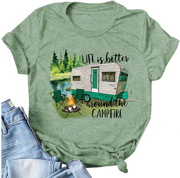 Women Life is Better Around The Campfire Shirt Short Sleeve Graphic Funny T-Shirt