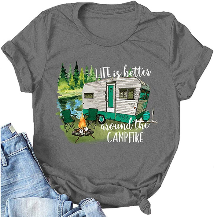 Women Life is Better Around The Campfire Shirt Short Sleeve Graphic Funny T-Shirt