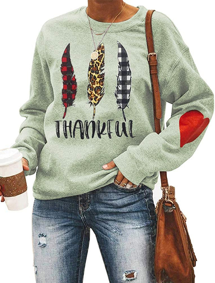 Women Long Sleeve Buffalo Plaid & Leopard Leaves Thankful Sweatshirt Thanksgiving Shirt