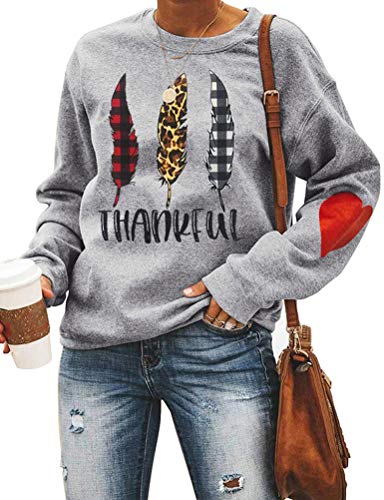 Women Long Sleeve Buffalo Plaid & Leopard Leaves Thankful Sweatshirt Thanksgiving Shirt