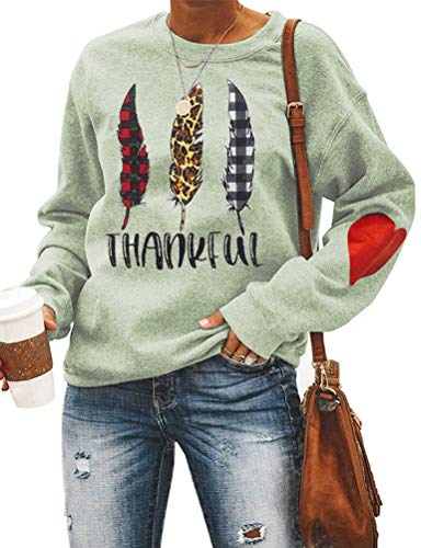 Women Long Sleeve Buffalo Plaid & Leopard Leaves Thankful Sweatshirt Thanksgiving Shirt