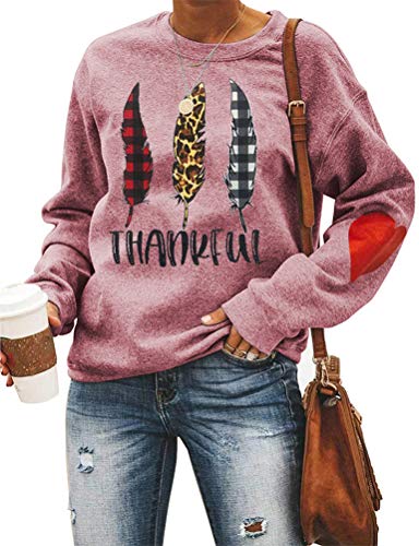 Women Long Sleeve Buffalo Plaid & Leopard Leaves Thankful Sweatshirt Thanksgiving Shirt