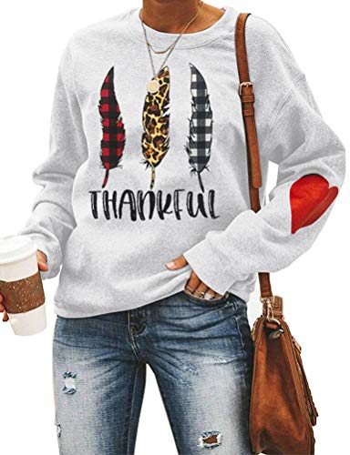 Women Long Sleeve Buffalo Plaid & Leopard Leaves Thankful Sweatshirt Thanksgiving Shirt