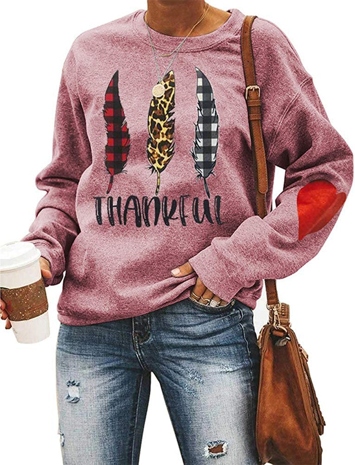 Women Long Sleeve Buffalo Plaid & Leopard Leaves Thankful Sweatshirt Thanksgiving Shirt