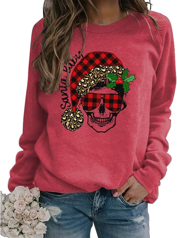 Women Long Sleeve Buffalo Plaid Santa Baby Christmas Skull Sweatshirt