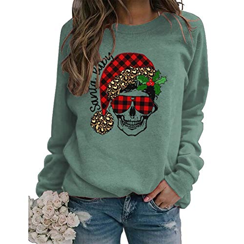 Women Long Sleeve Buffalo Plaid Santa Baby Christmas Skull Sweatshirt