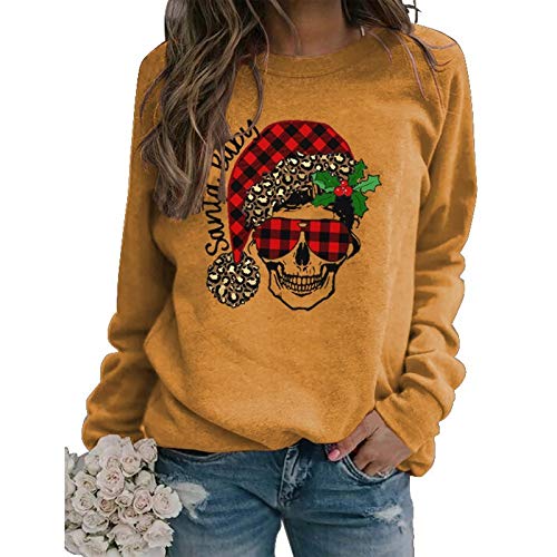 Women Long Sleeve Buffalo Plaid Santa Baby Christmas Skull Sweatshirt