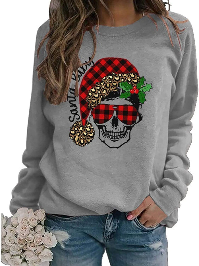 Women Long Sleeve Buffalo Plaid Santa Baby Christmas Skull Sweatshirt