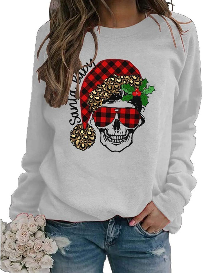 Women Long Sleeve Buffalo Plaid Santa Baby Christmas Skull Sweatshirt